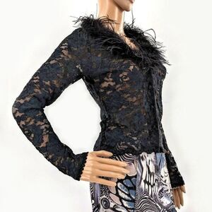 Vintage 90s y2k Lace Top Feather Collar Whimsigoth Black Stretch Clueless M